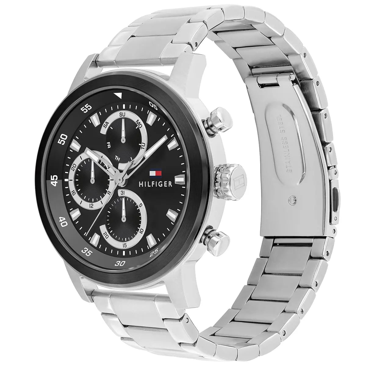 Angled real-life photo of Tommy Hilfiger 1792181 showing the polished silver bezel and black dial detail