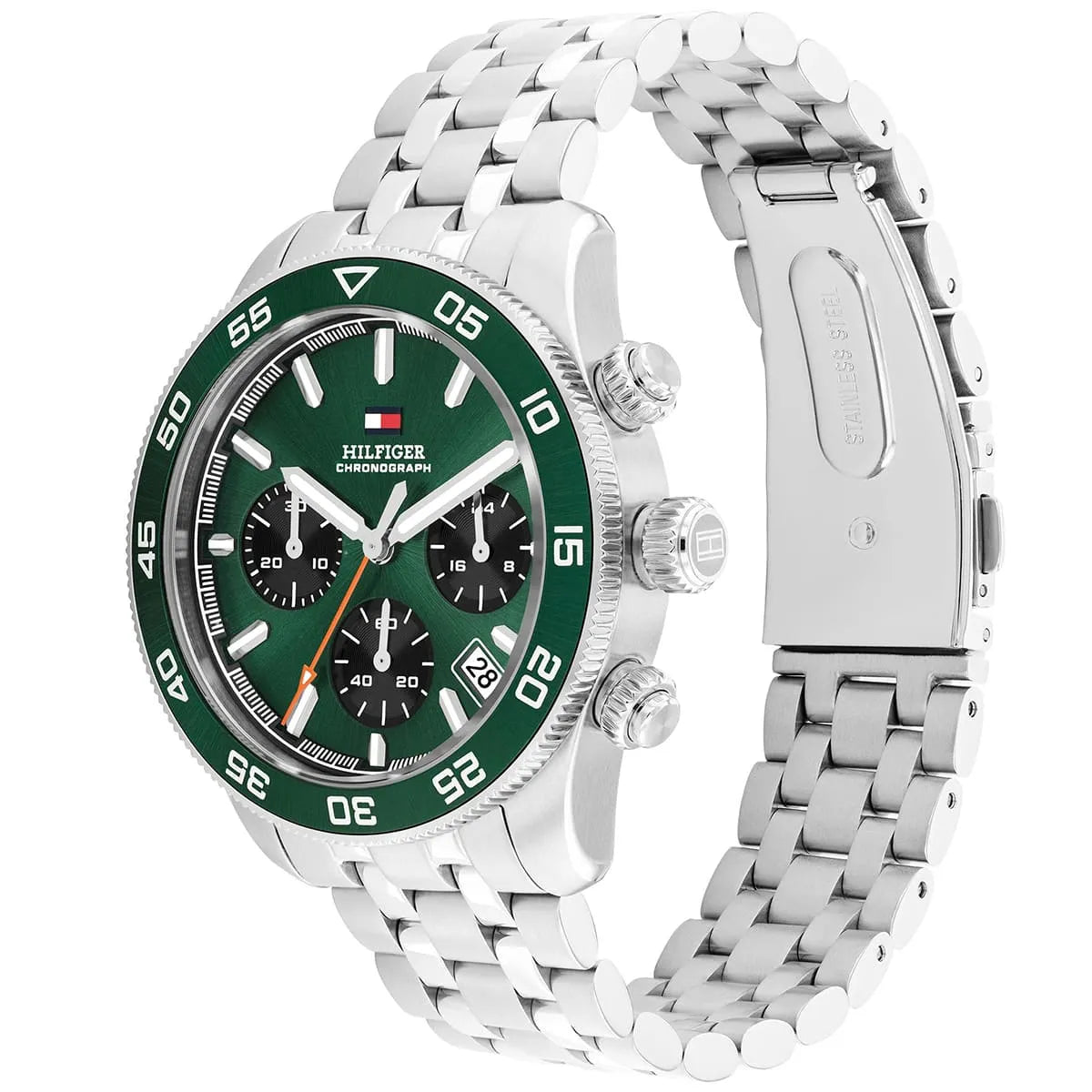 Angled real-life photo of Tommy Hilfiger 1792214 showing the silver case and green bezel