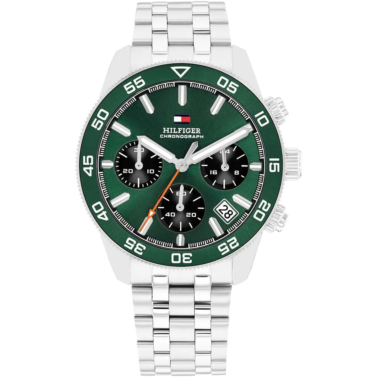 Authentic real-life photo of Tommy Hilfiger 1792214 showing actual silver shine and green dial
