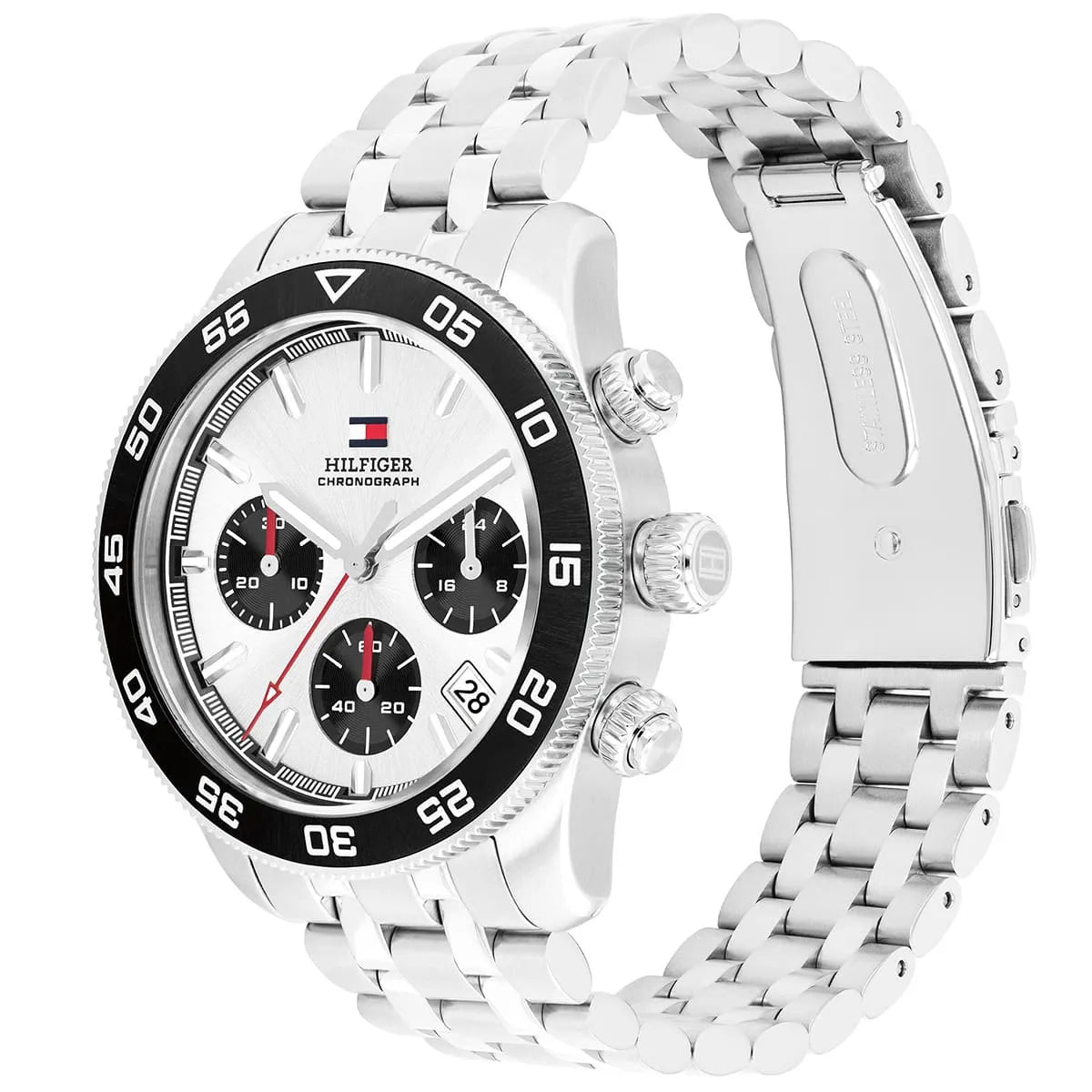 Angled real-life photo of Tommy Hilfiger 1792215 showing the silver case and black bezel