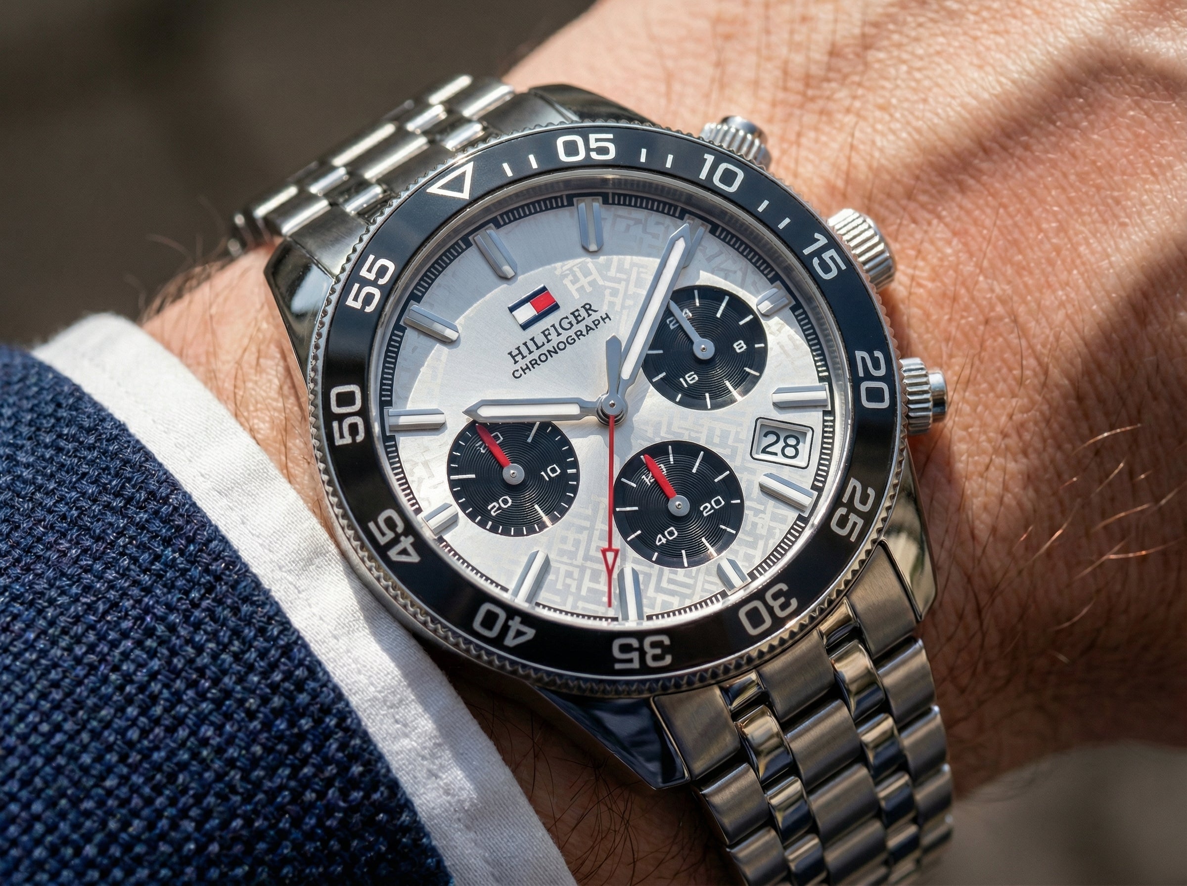 Close up shot of Tommy Hilfiger 1792215 on wrist showing silver dial and black sub-dials