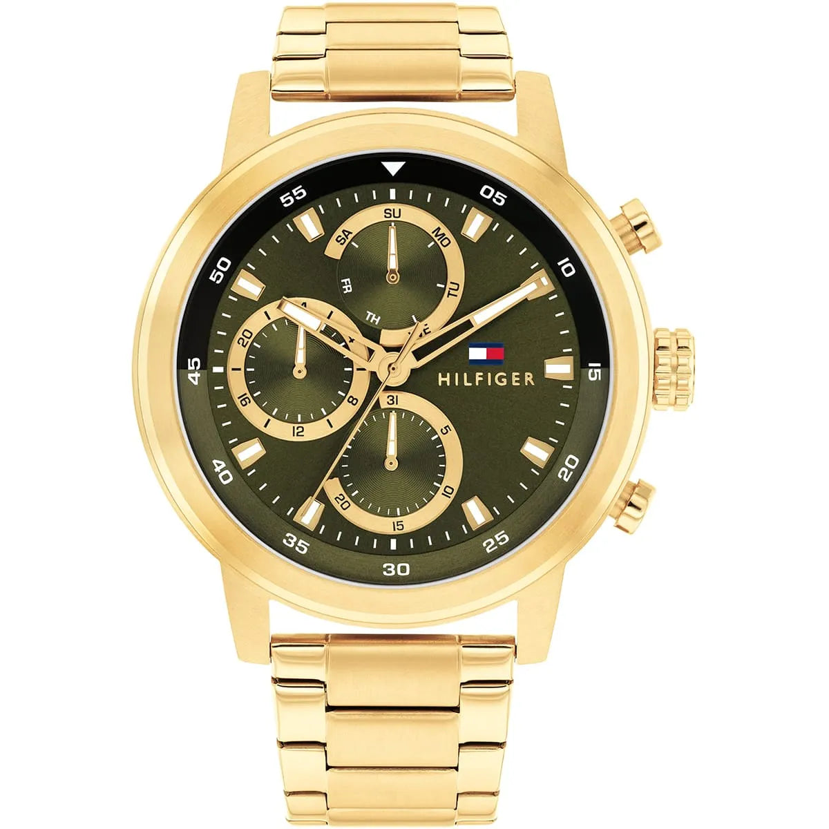 Authentic real-life photo of Tommy Hilfiger 1792216 showing gold bracelet and olive green dial