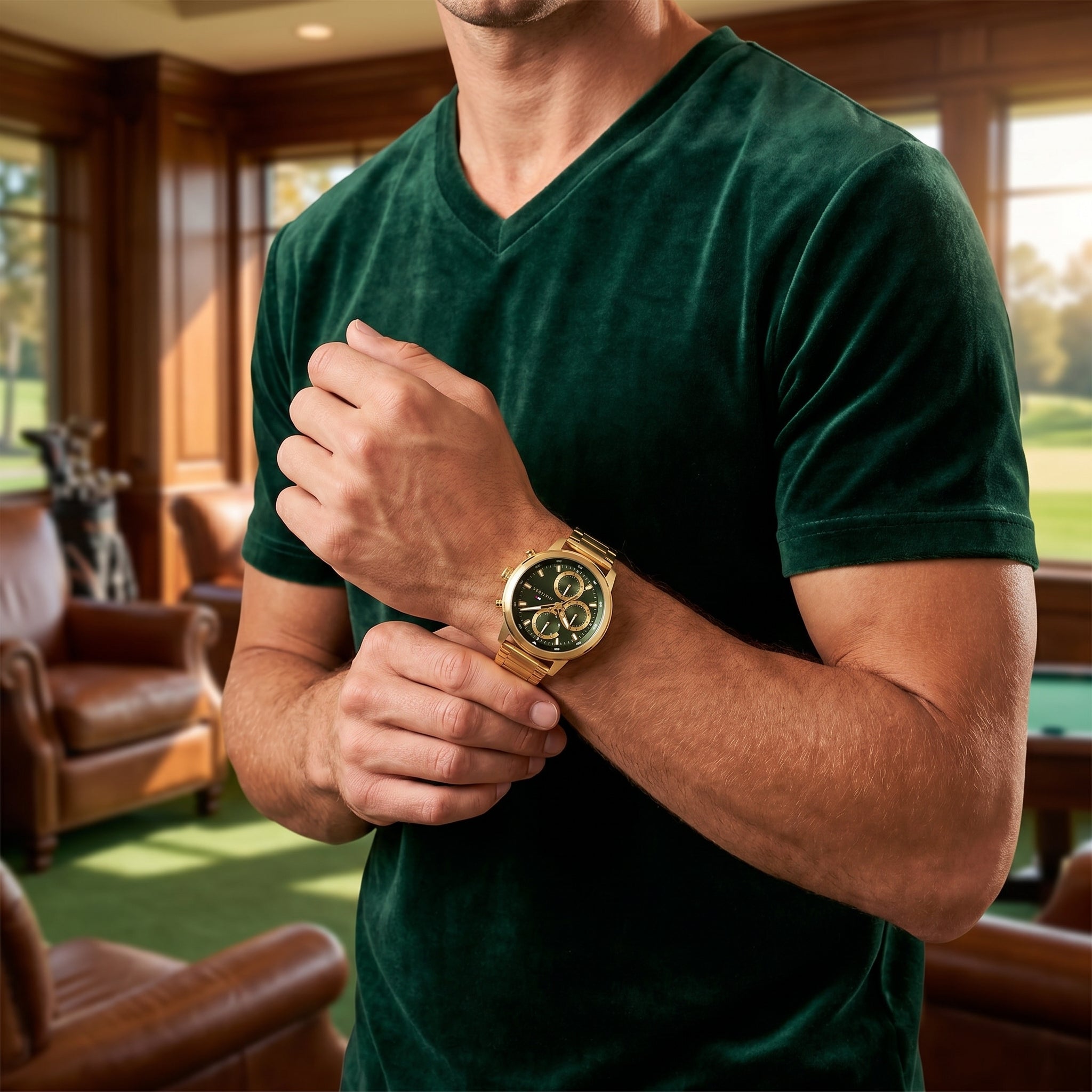 Lifestyle photo of Tommy Hilfiger 1792216 showing the bold gold watch on a man's wrist