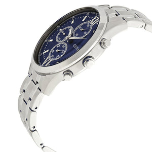 Right angled view of Guess Hudson W0875G1 men's quartz battery watch highlighting polished silver finish and classic details