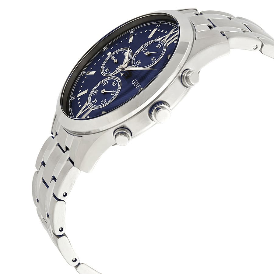 Right angled view of Guess Hudson W0875G1 men's quartz battery watch highlighting polished silver finish and classic details