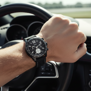 3. Male model wearing Guess W0971G1 black rubber watch under direct sunlight with matching sporty attire