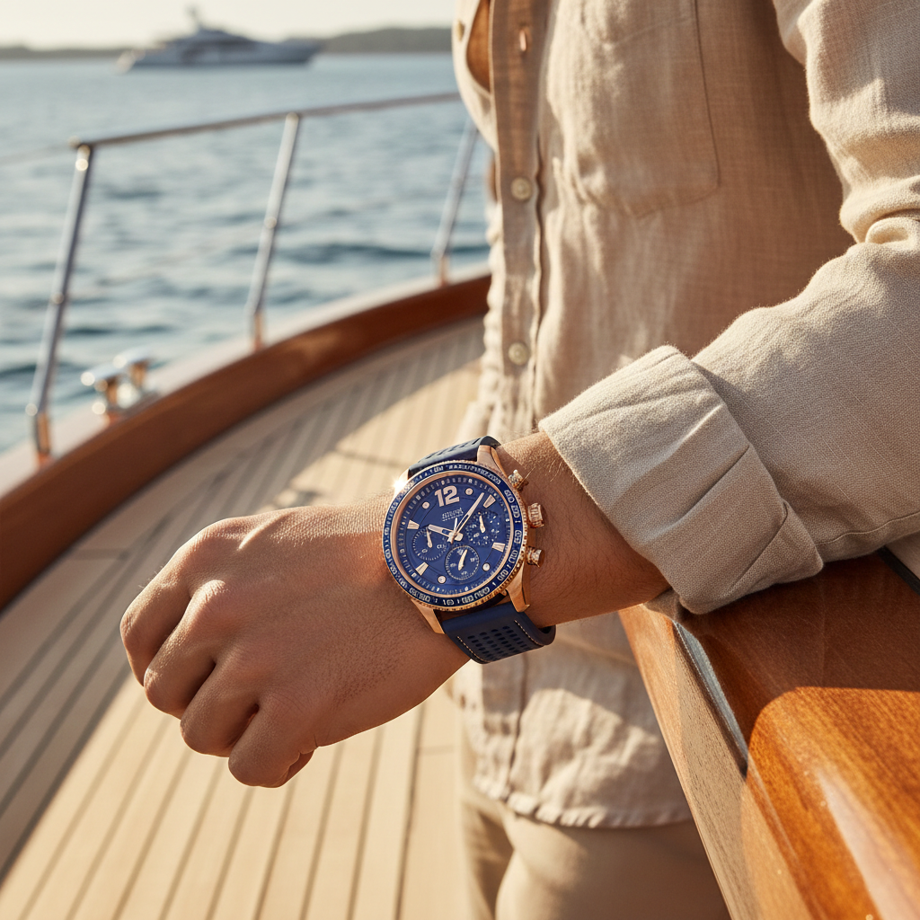 3. Male model wearing Guess W0971G3 rose gold and blue watch with a smart casual outfit