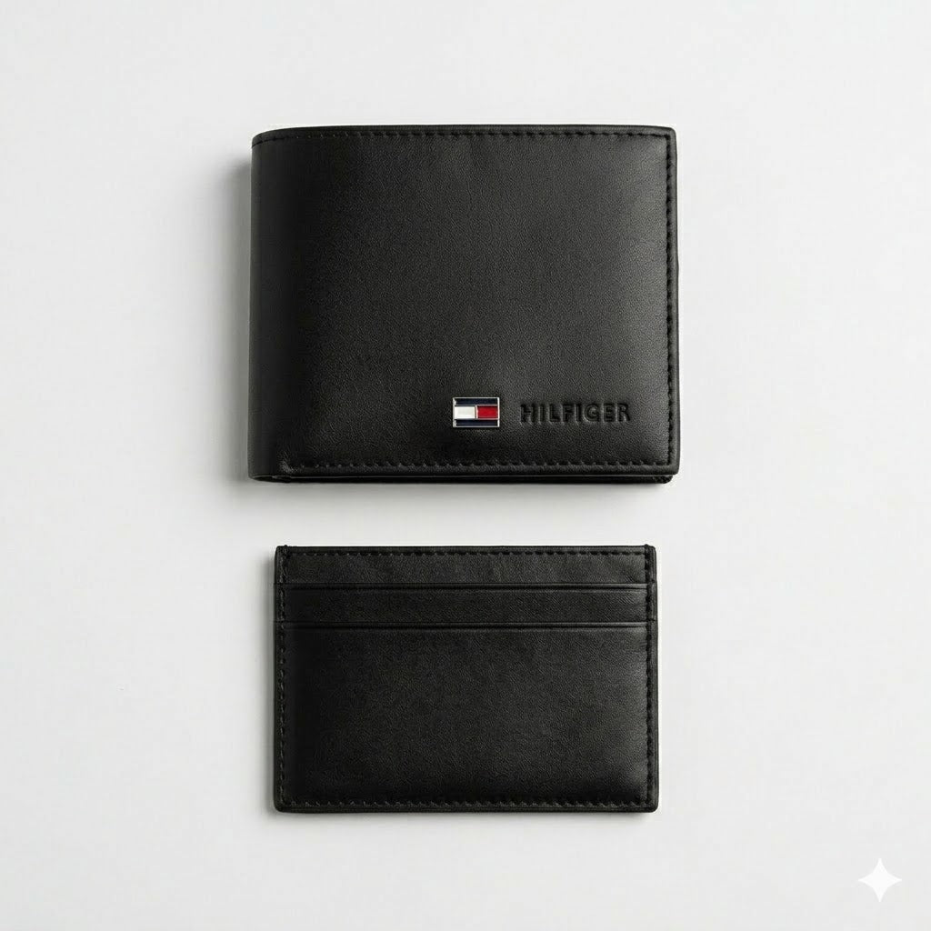 Tommy Hilfiger Men's Mirror Original Smooth Leather Wallet - Wallet Card Case - Black