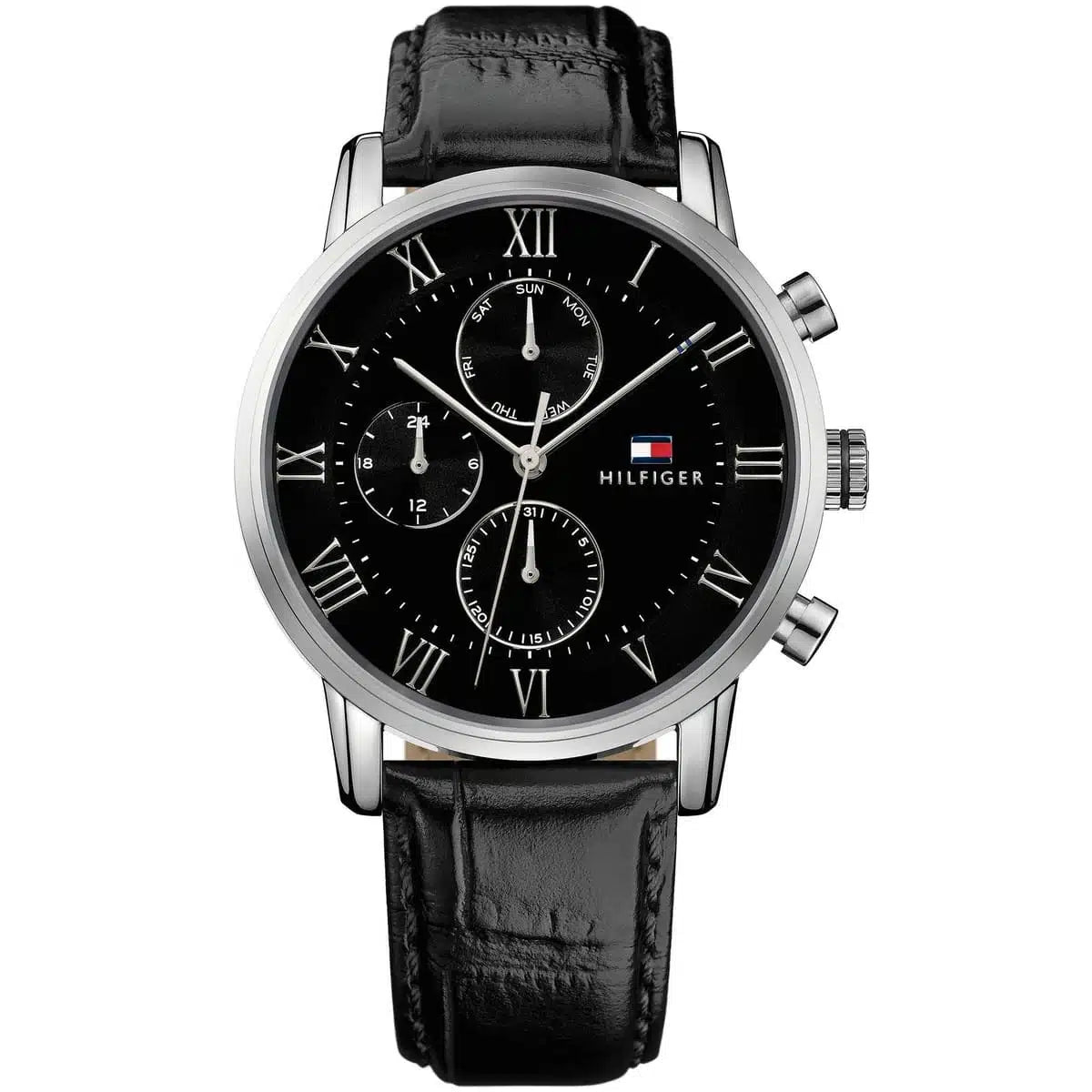 Tommy Hilfiger Kane 1791401 men's watch featuring a silver stainless steel case, black multi-function dial with Roman numerals, and black leather strap