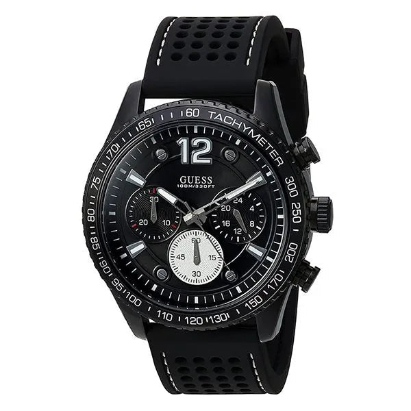 4. Angled view of Guess W0971G1 showing the matte black tachymeter bezel and side pushers