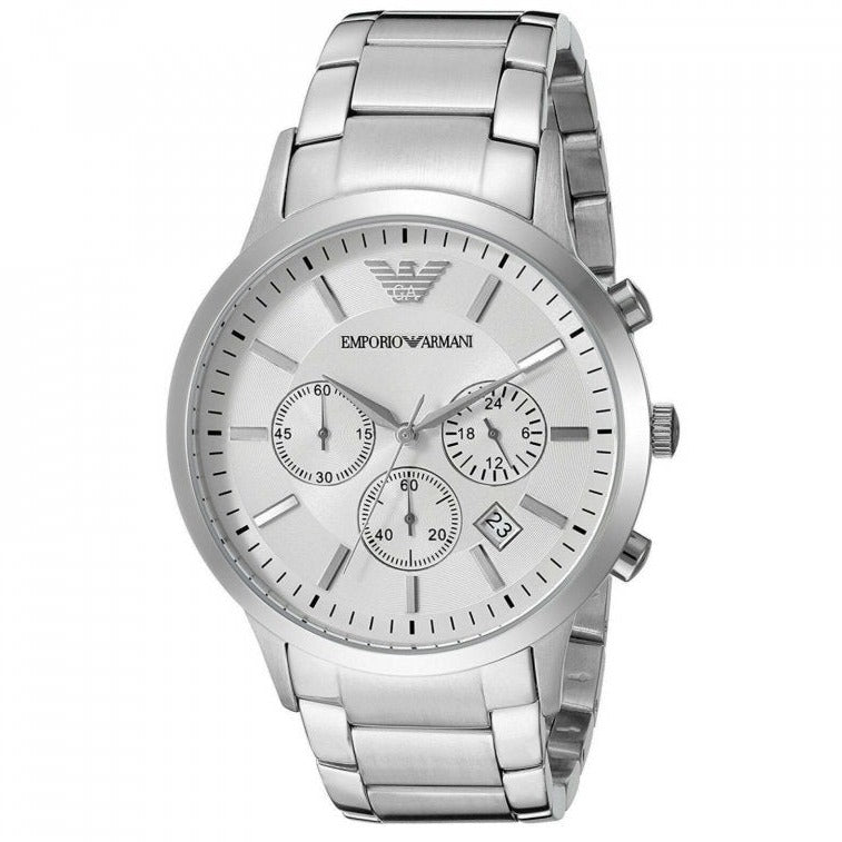 Emporio Armani AR2458 Men’s Silver Dial Stainless Steel Renato Large Chronograph Watch - Luxury Hub Store