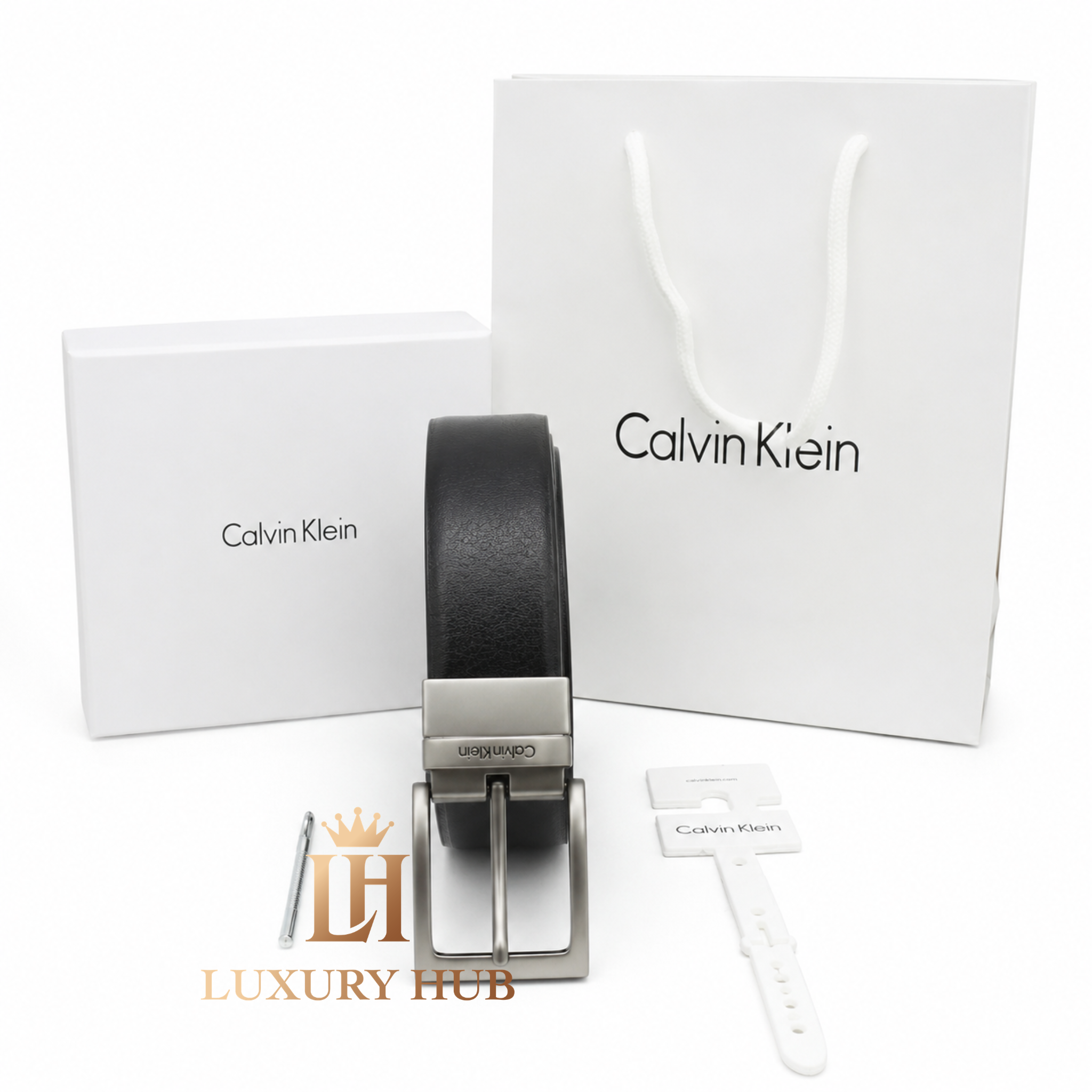 Ultra-realistic close-up of the Calvin Klein brushed metal buckle with precision-engraved brand logo