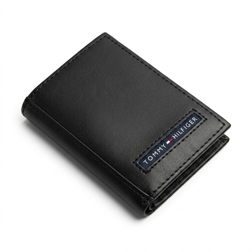 Tommy Hilfiger Men's Mirror Original Smooth Leather Trifold Wallet - Small Enamel Flag Logo - Black