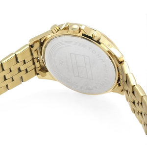 Left side perspective of the gold-tone stainless steel link bracelet on the Tommy Hilfiger Ari watch