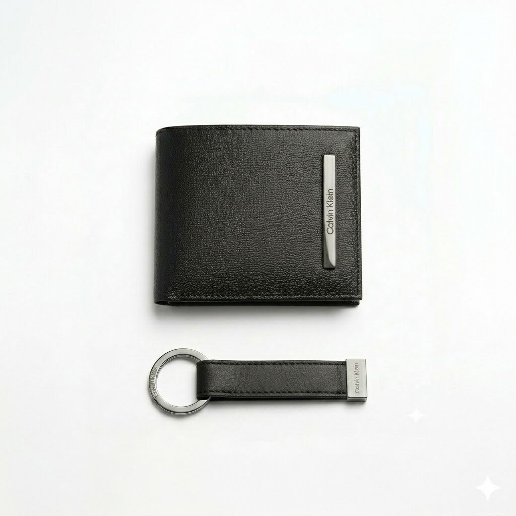 Calvin Klein Men's Mirror Original Leather Wallet with Keychain Set - Black