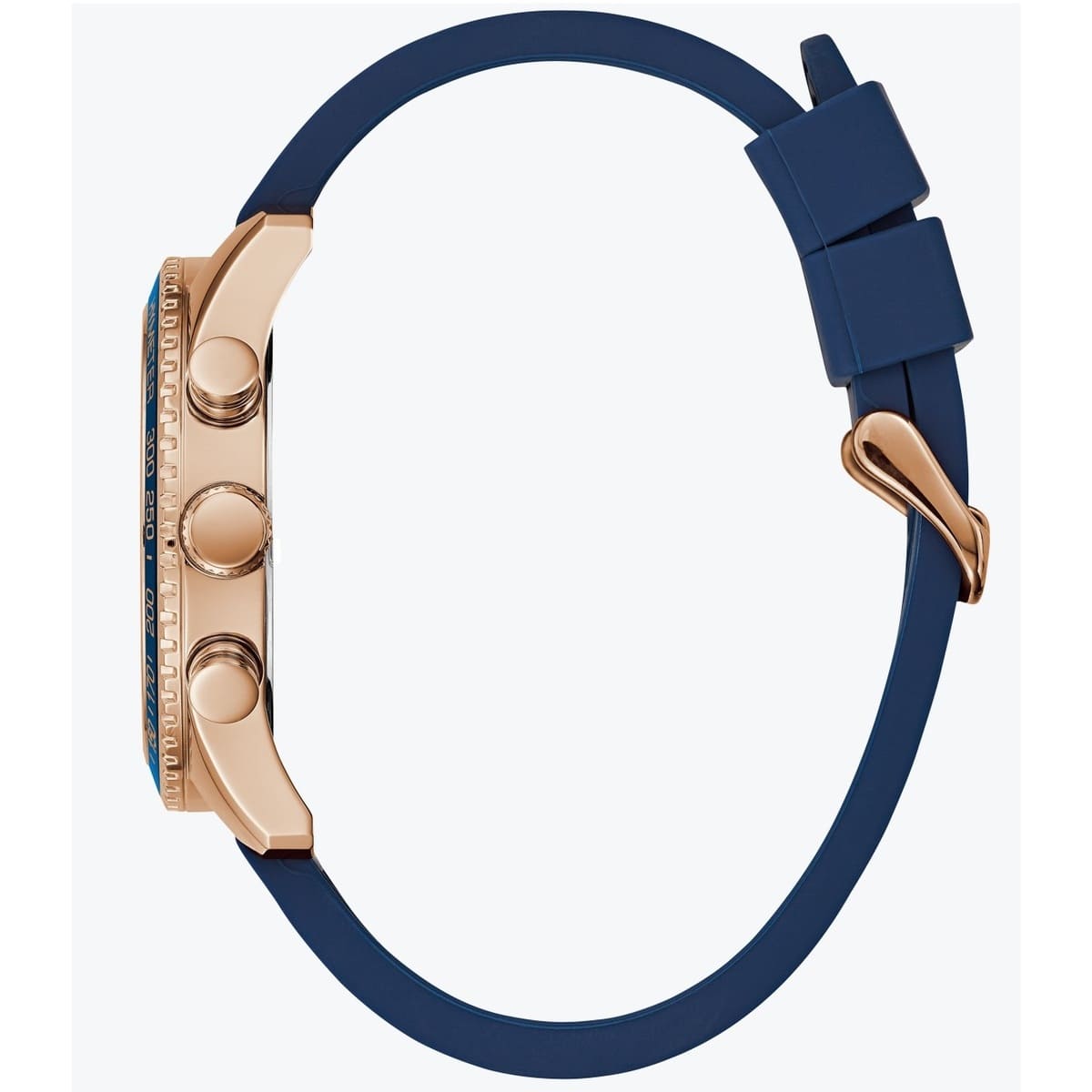 6. Side profile view of the 12mm rose gold case of the Guess W0971G3