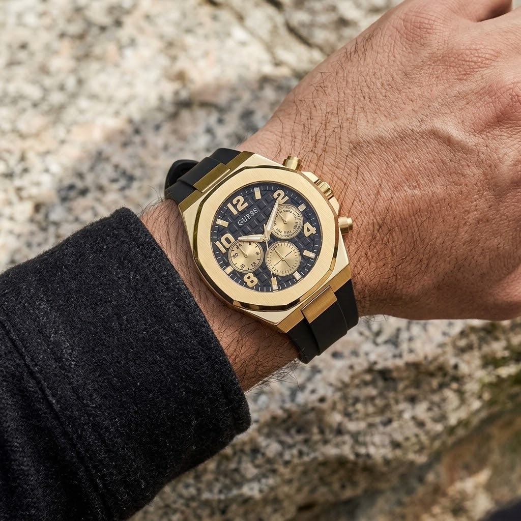 GUESS GW0583G2 Empire Men's Gold-Tone Stainless Steel Black Silicone Strap Black Multifunction Quartz Analog Watch