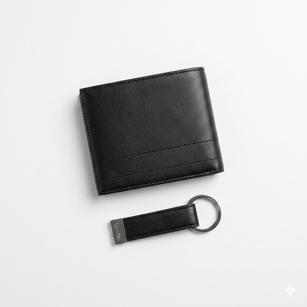 Calvin Klein Men's Mirror Original Leather Wallet with Keychain Set - Black