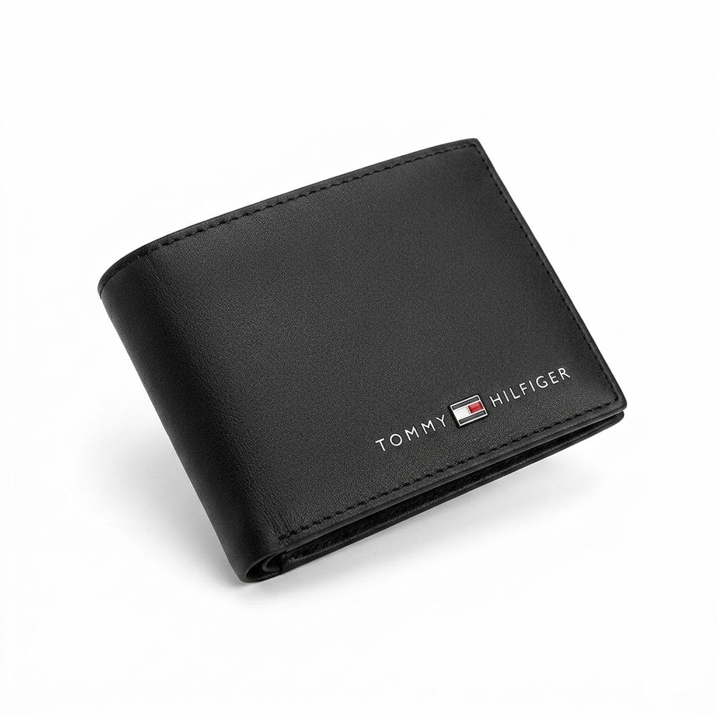 Black wallet with Tommy Hilfiger logo on a white background