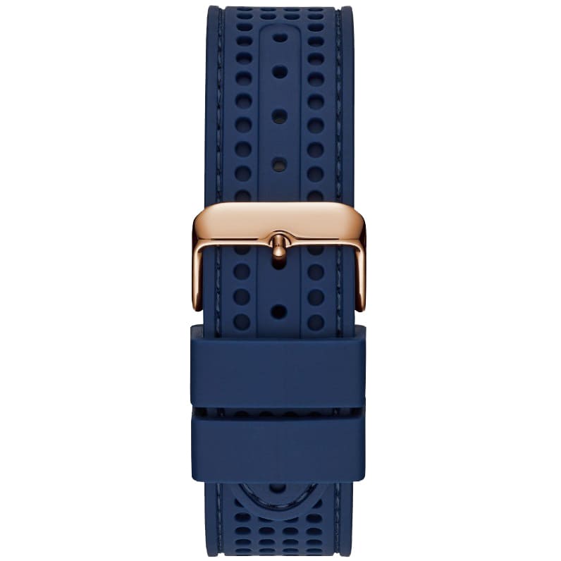 8. Rose gold pin buckle on the blue rubber strap of the Guess W0971G3
