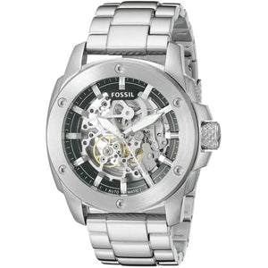 Silver Fossil watch with visible mechanical components on a white background