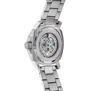 Silver watch with visible brand name on a white background