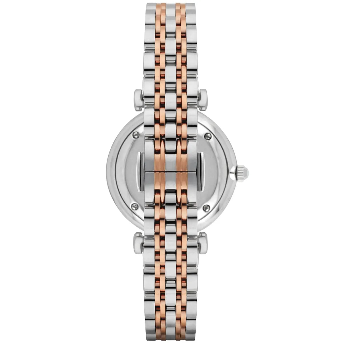 AR1987 Stainless steel case back view of the Emporio Armani AR1926 showing logo and model details