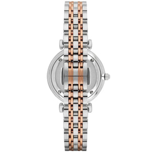 AR1987 Stainless steel case back view of the Emporio Armani AR1926 showing logo and model details