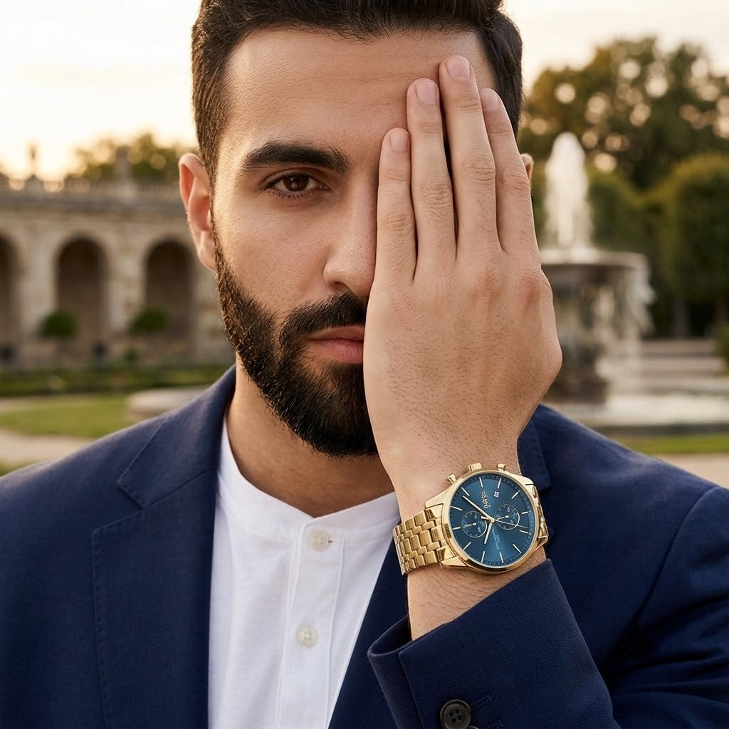 Lifestyle luxury shot featuring Hugo Boss Associate 1513841 men's watch.