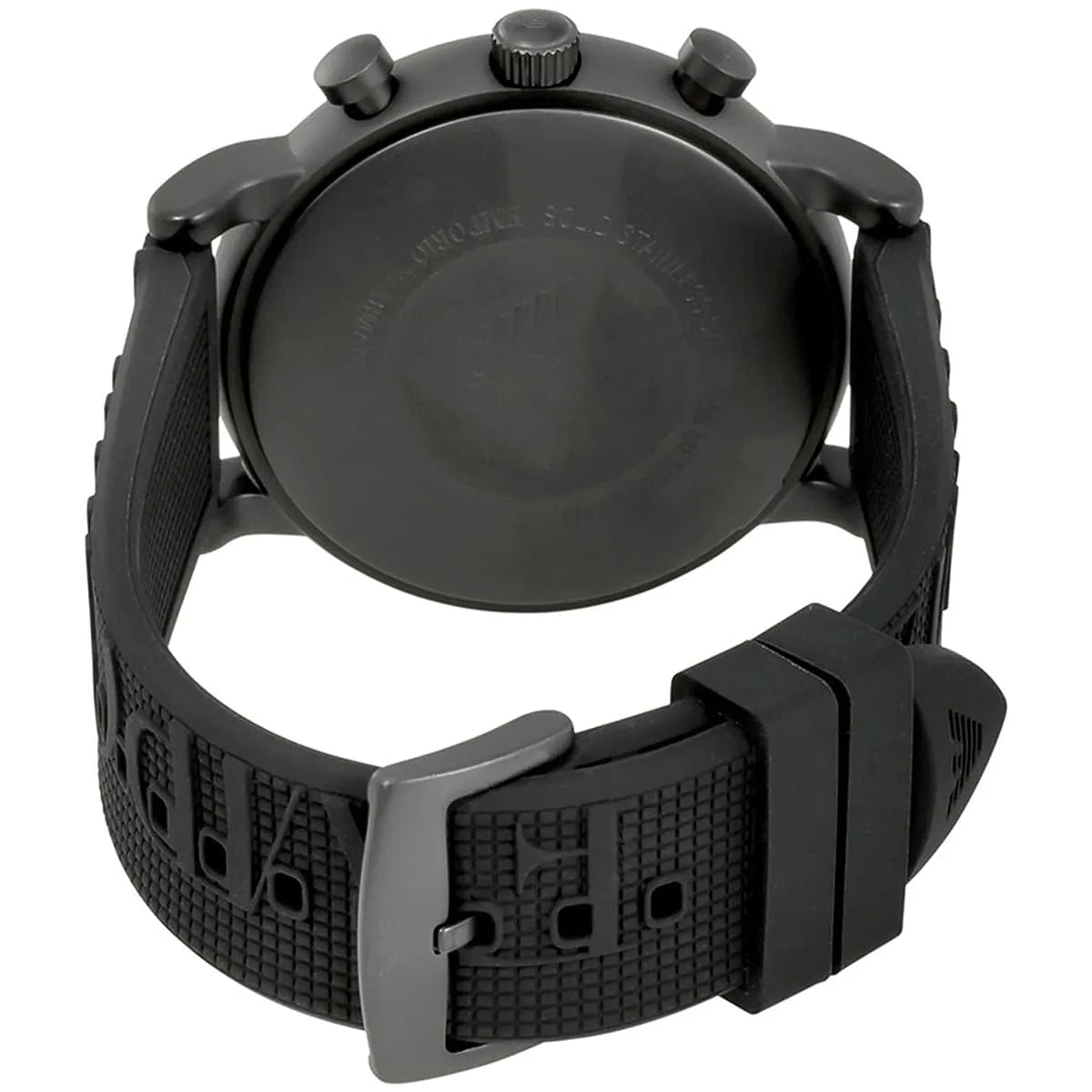 Detailed view of black silicone strap with Emporio Armani branding for AR11024