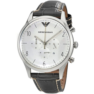 Angled front view of Emporio Armani AR1861 showing silver bezel and white dial