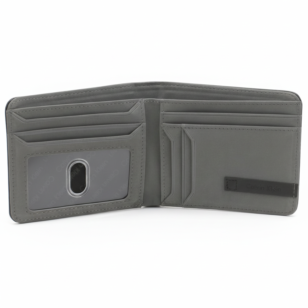 Perspective view of a standing semi-open Calvin Klein men's leather wallet highlighting the black exterior with the Calvin logo and a glimpse of the contrasting grey interior