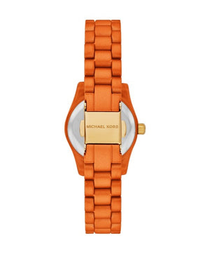 Photo of the orange stainless steel deployment buckle on the Michael Kors MK7538LE