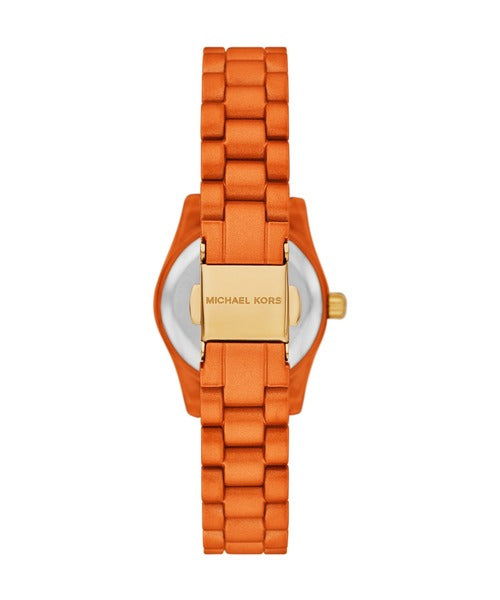 Photo of the orange stainless steel deployment buckle on the Michael Kors MK7538LE