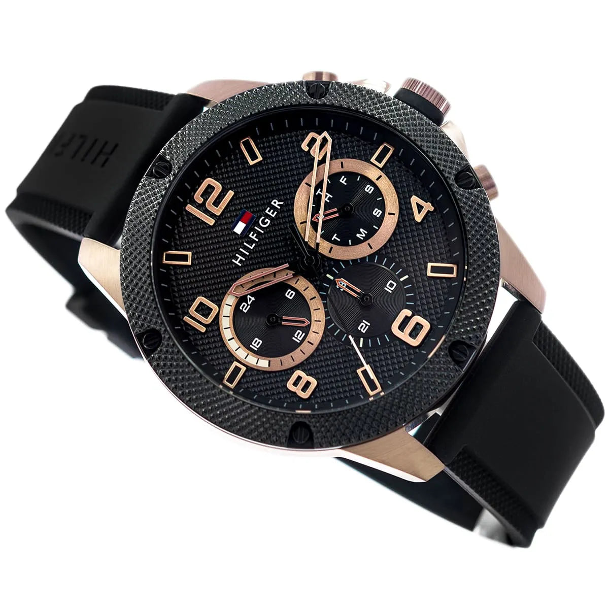 Perspective photo of Tommy Hilfiger 1792028 showing the side profile and knurled bezel