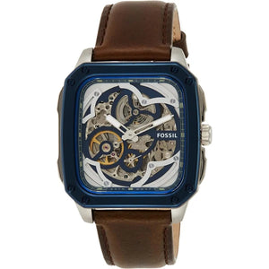 Fossil watch with brown leather strap and blue skeleton face on a white background