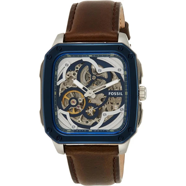 Fossil watch with brown leather strap and blue skeleton face on a white background