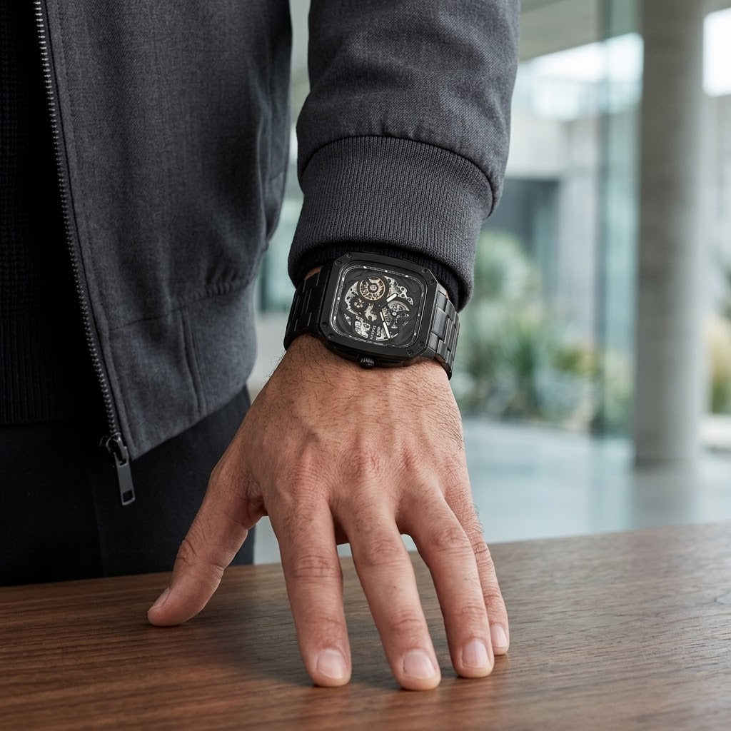 Front view of Fossil Inscription BQ2574 men's automatic skeleton watch with black stainless steel bracelet