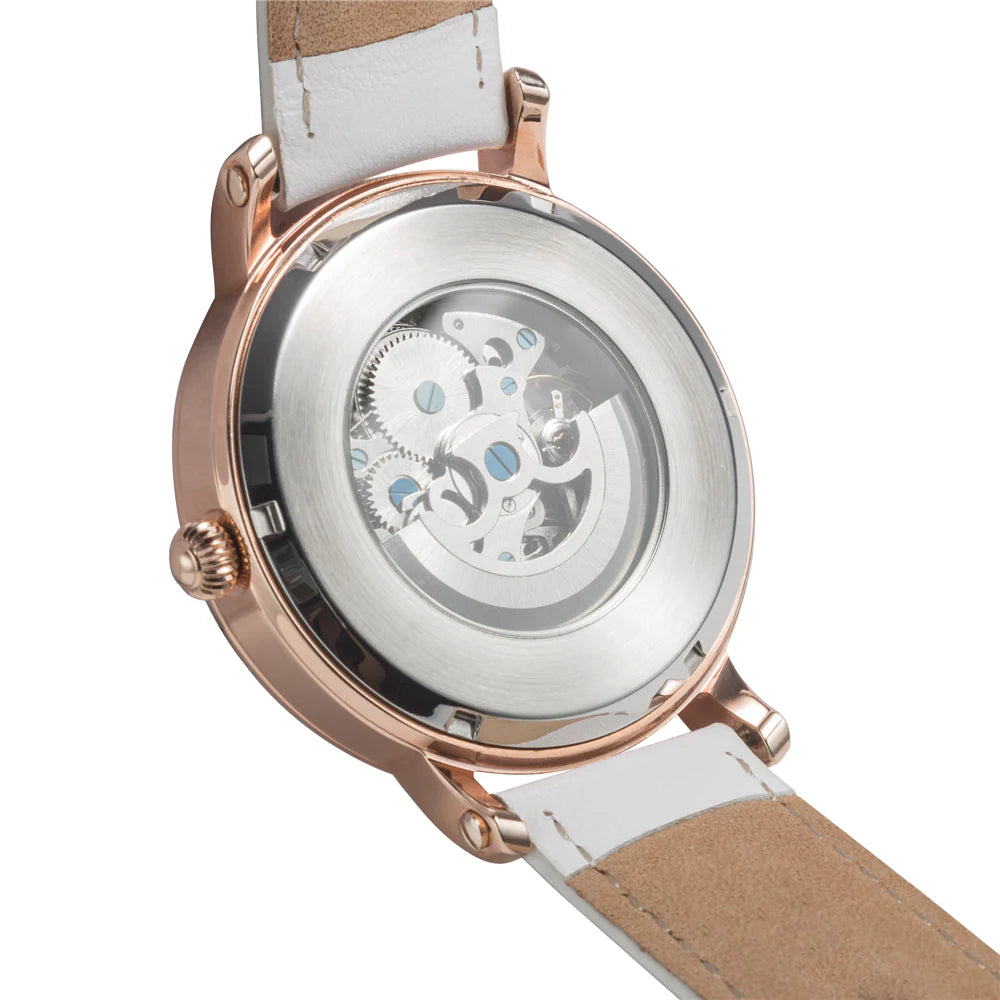 Back view photo of Fossil ME3109 showing the transparent caseback and mechanical rotor