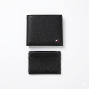 Black wallet and cardholder set with Tommy Hilfiger logo on a white background