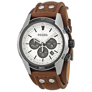 Angled real-life photo of Fossil CH2890 showing the industrial case and cuff leather texture with rivets