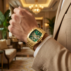 AI lifestyle shot of a man wearing the gold and green Guess Phoenix watch