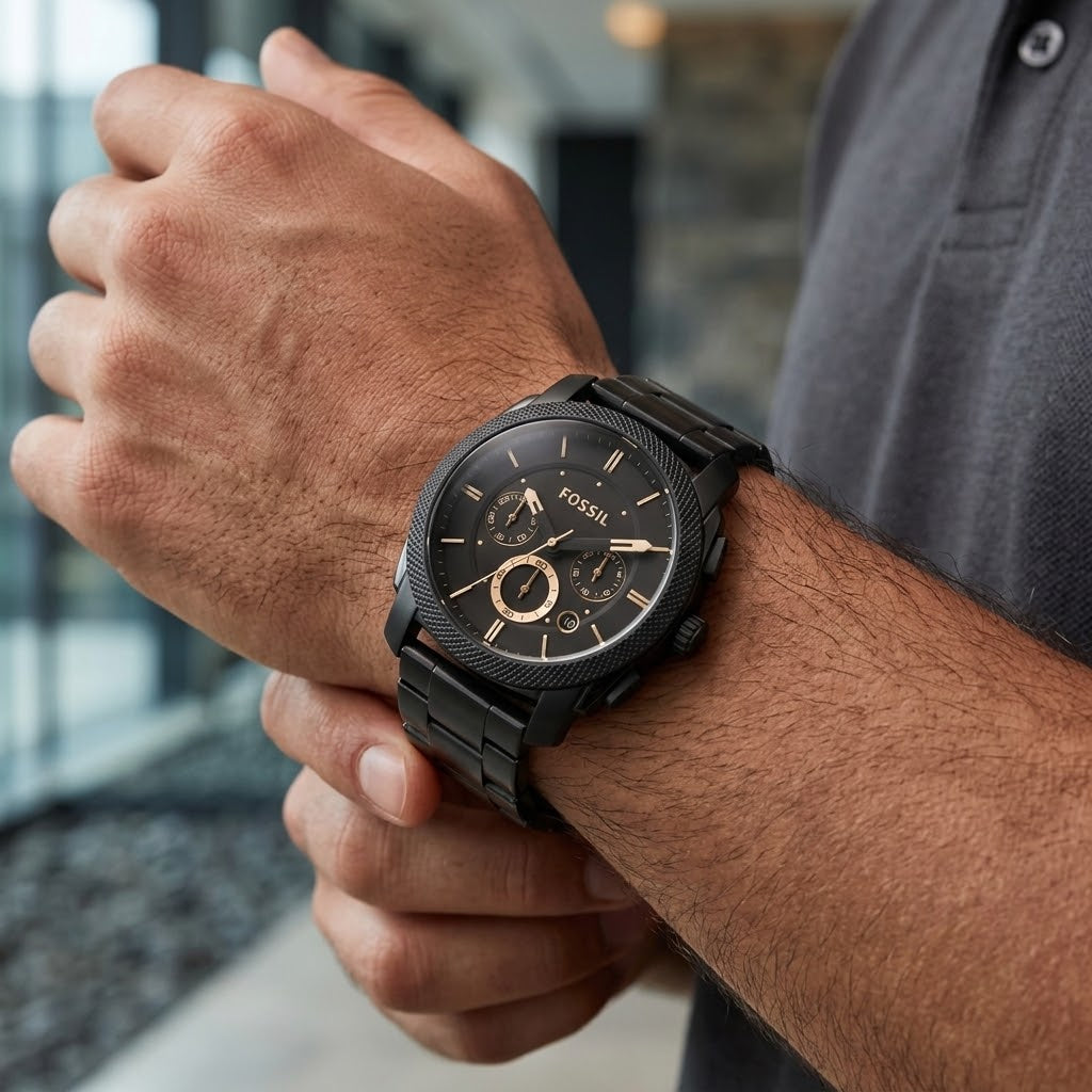 Side view of Fossil Machine FS4682 men's quartz chronograph watch with black stainless steel case