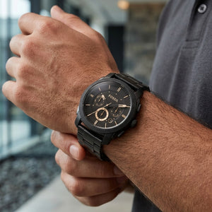 Side view of Fossil Machine FS4682 men's quartz chronograph watch with black stainless steel case