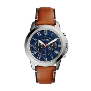 Fossil Grant FS5210 men's watch - blue dial light brown leather strap