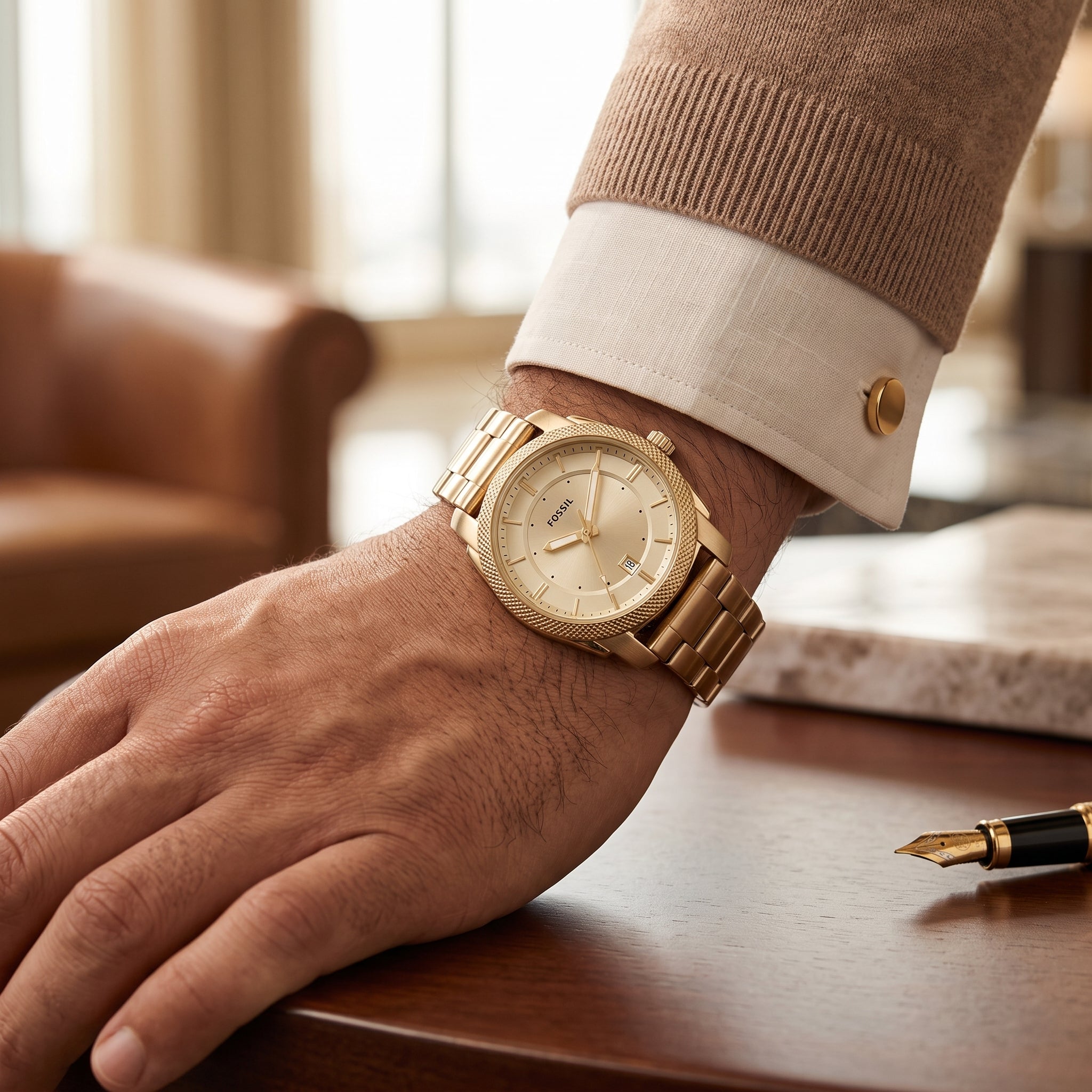 Fossil Machine FS5264 men's watch worn on the wrist with champagne dial and gold-tone stainless steel bracelet
