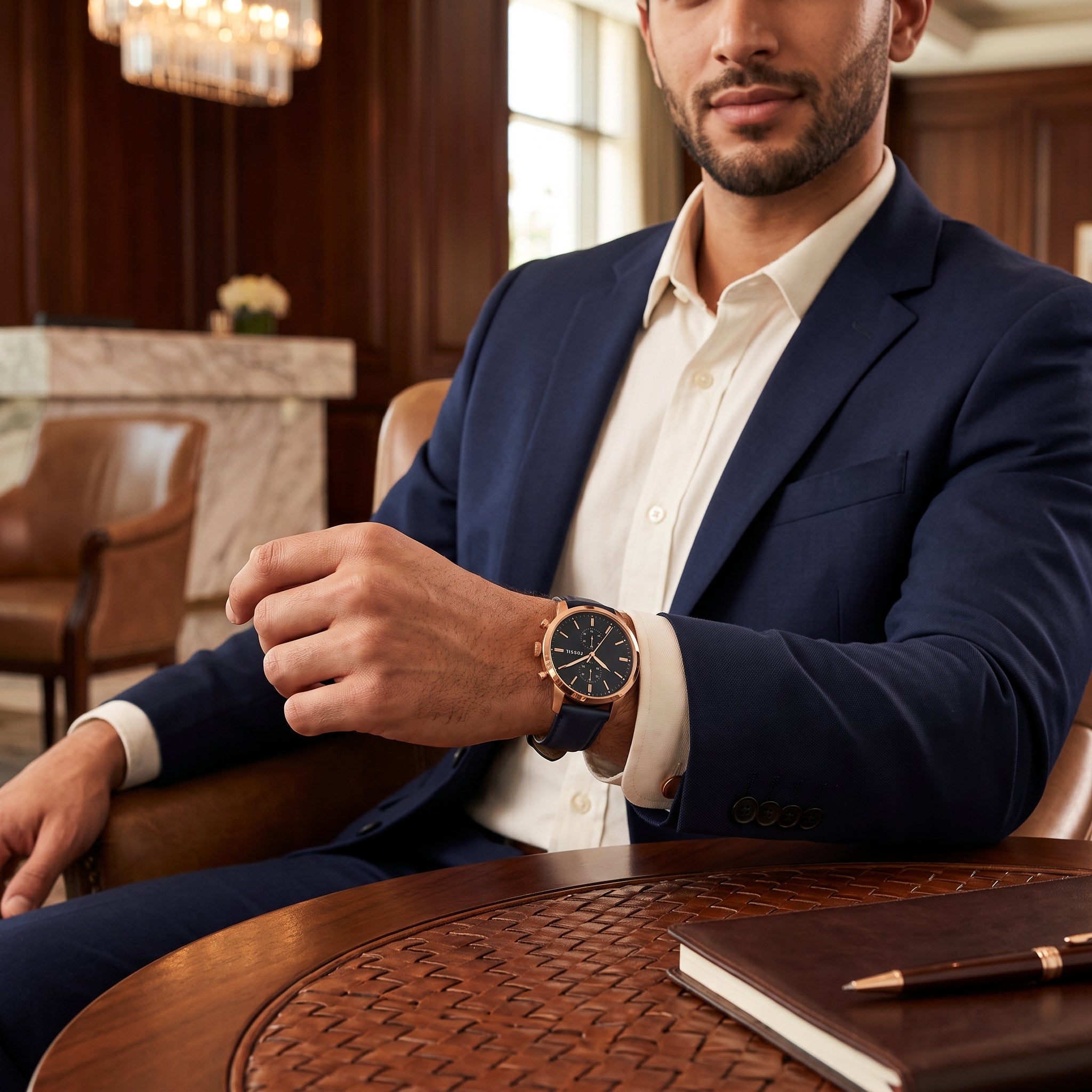 Fossil Townsman FS5436 men's watch worn on the wrist with blue dial and blue leather strap
