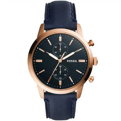 Fossil Townsman FS5436 men's chronograph watch with rose gold-tone case, blue dial and blue leather strap

