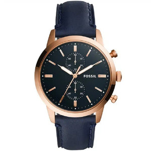 Fossil Townsman FS5436 men's chronograph watch with rose gold-tone case, blue dial and blue leather strap
