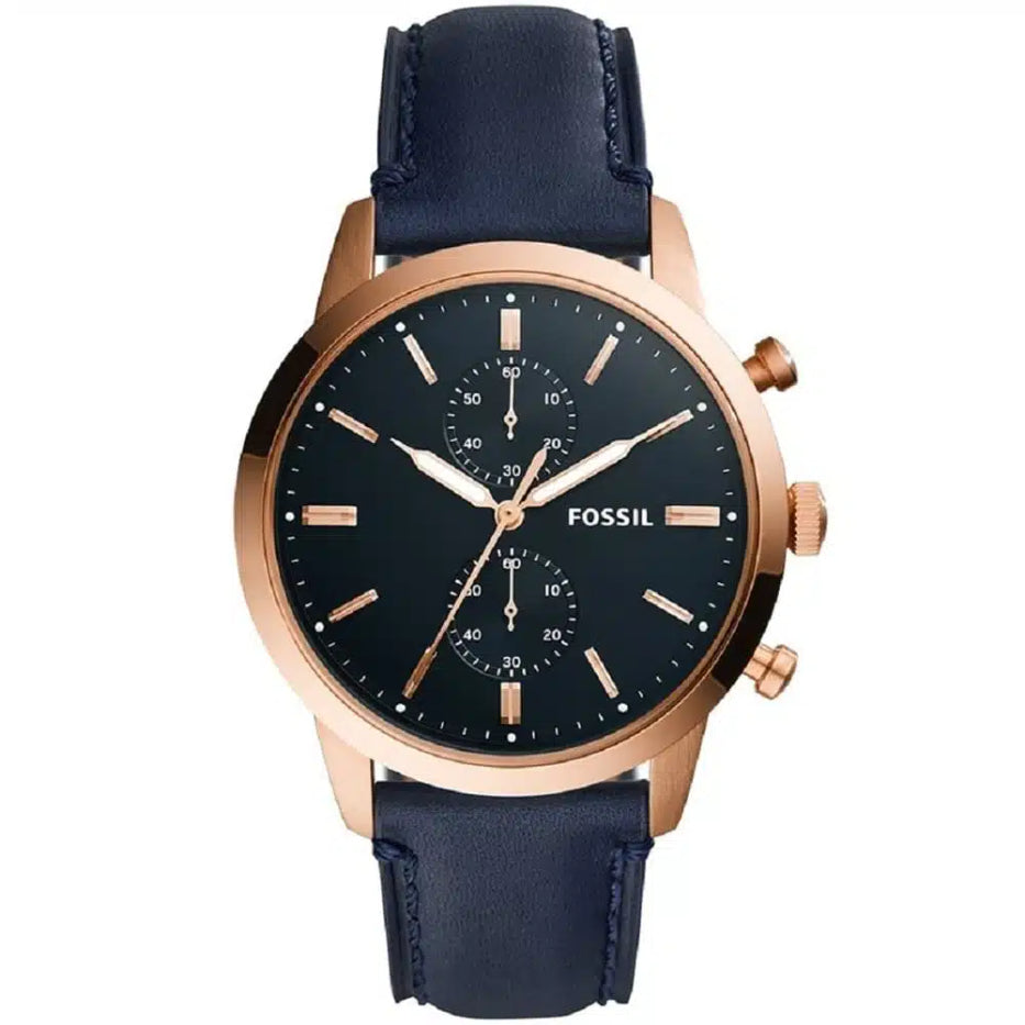 Fossil Townsman FS5436 men's chronograph watch with rose gold-tone case, blue dial and blue leather strap
